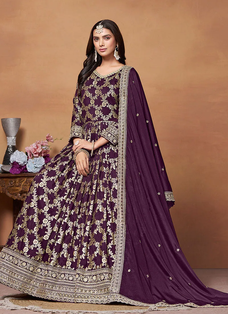 Deep Purple Embroidery Anarkali Suit For Wedding