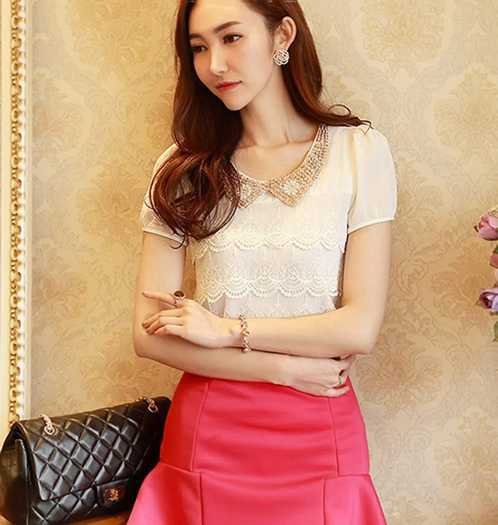 Detachable Blouse False Collar Sequins Faux Pearls Flowers Fake Collar Choker Peter Pan Necklace