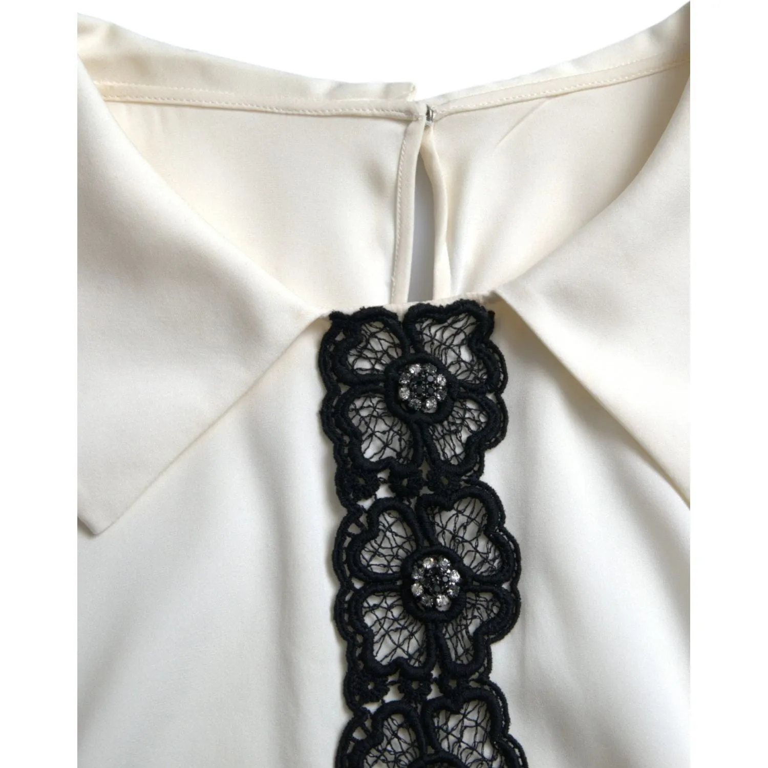 Dolce & Gabbana Elegant Off-White Lace-Trim Silk Blouse