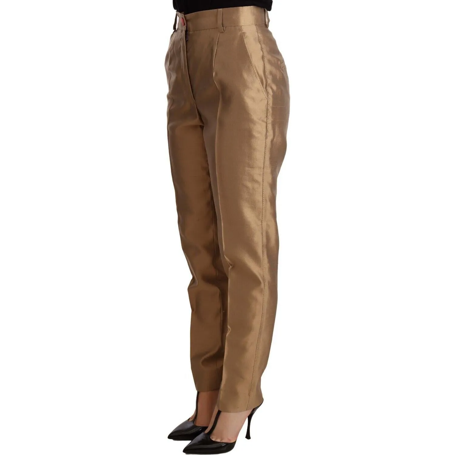 Dolce & Gabbana Elegant Tapered Silk Trousers in Gold