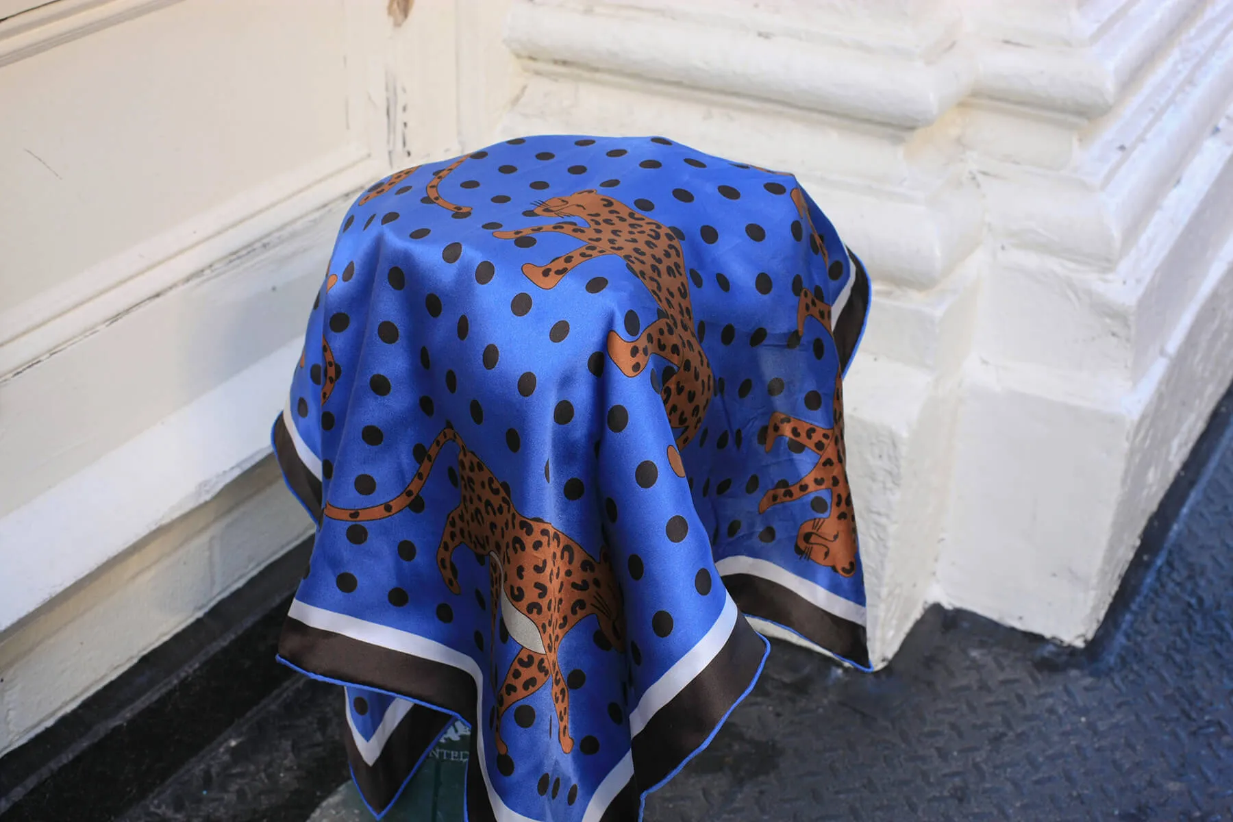 Double Sided Silk Scarf Of Blue Leopards Garden