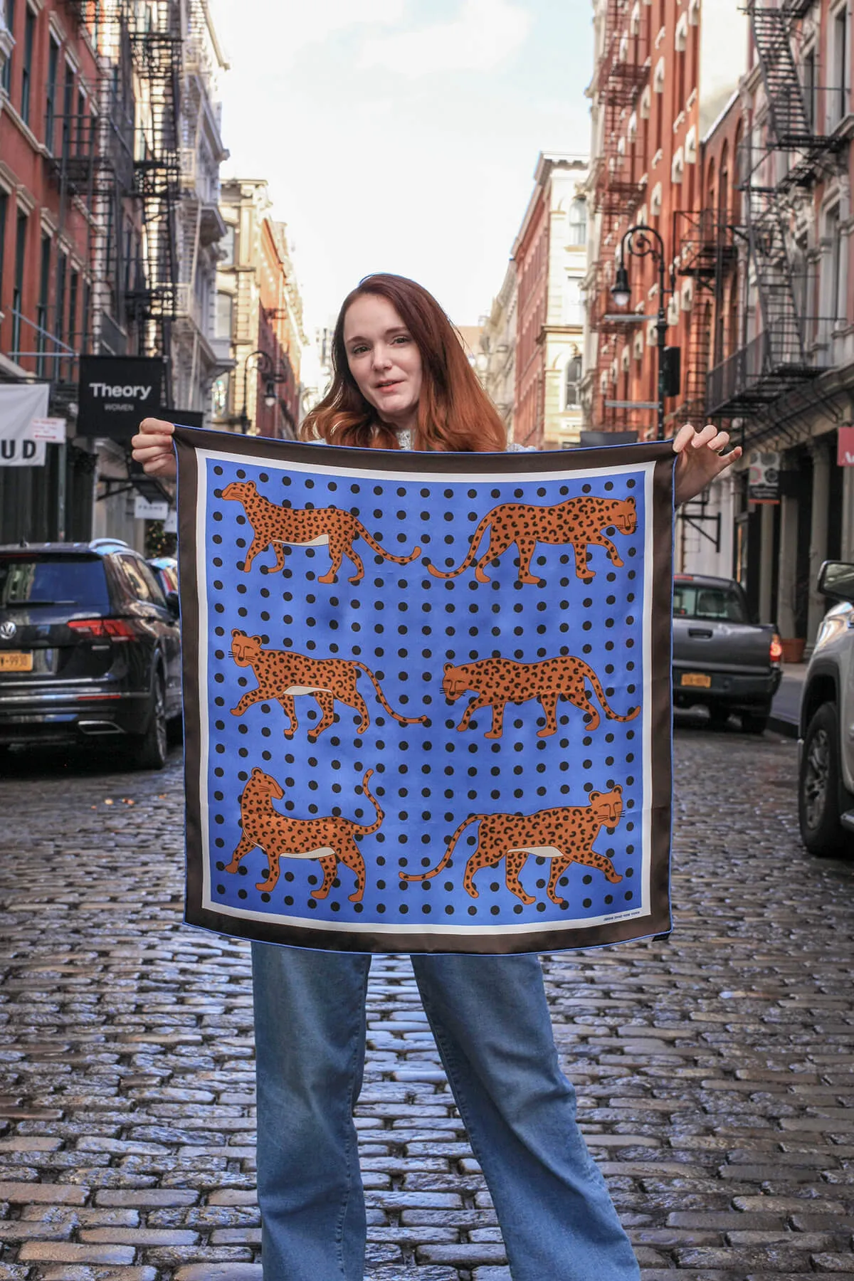 Double Sided Silk Scarf Of Blue Leopards Garden