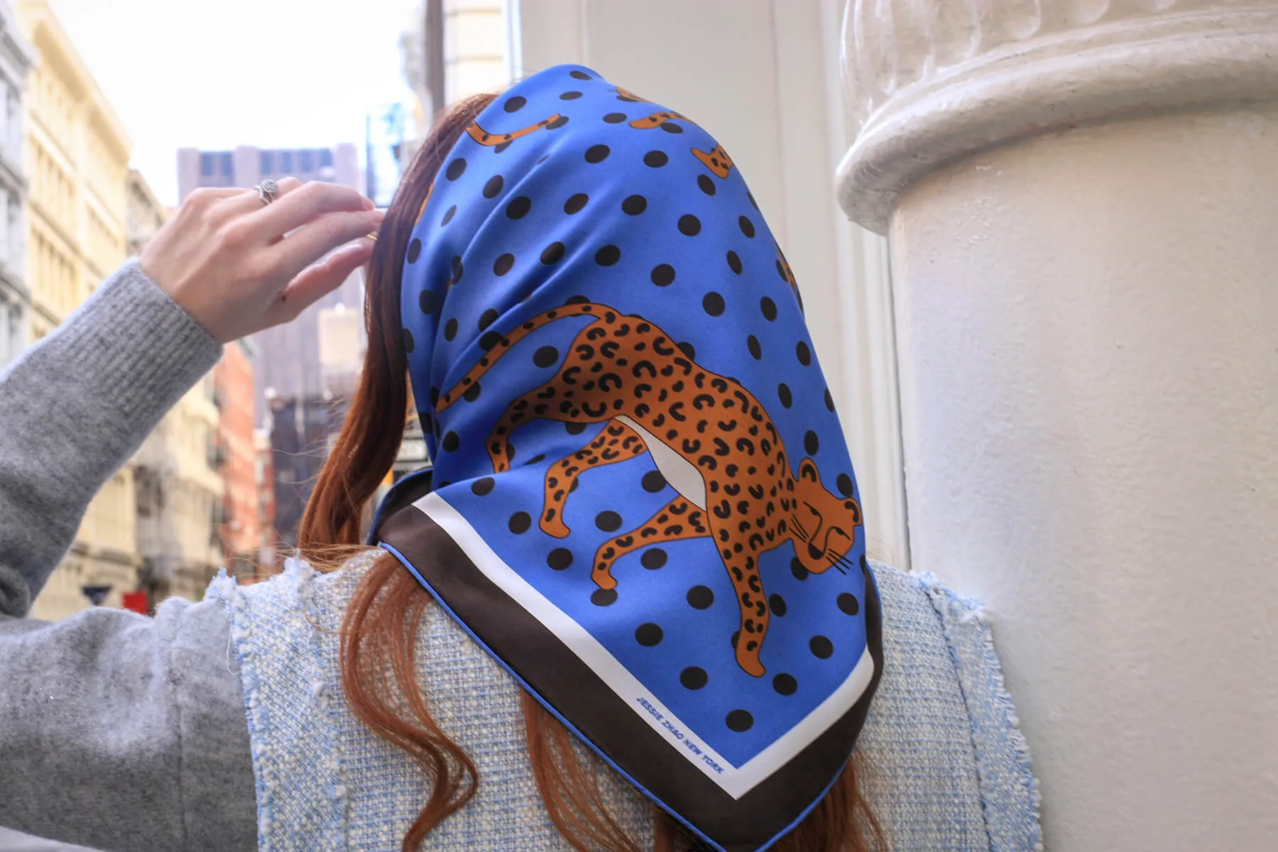 Double Sided Silk Scarf Of Blue Leopards Garden