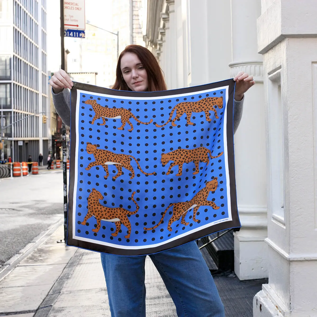 Double Sided Silk Scarf Of Blue Leopards Garden