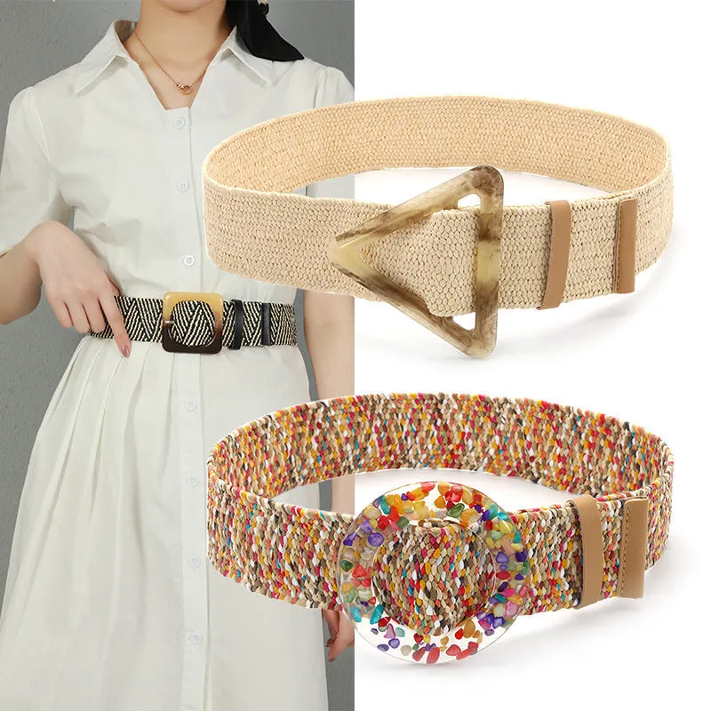 Dress Pp Grass Woven Decorative Women's Wide Belt Bohemian Elastic Elastic Waist Seal