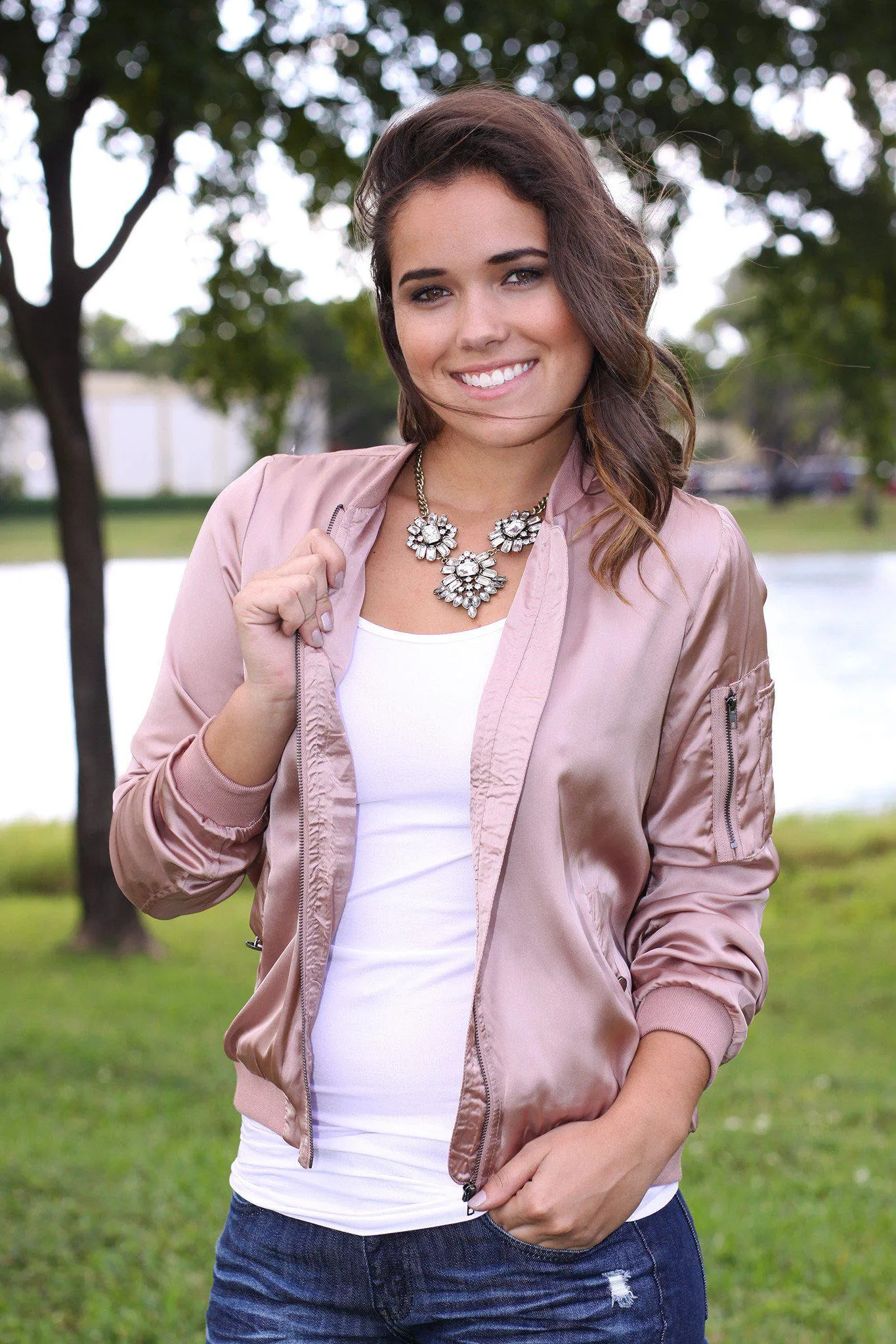 Dusty Rose Satin Bomber Jacket