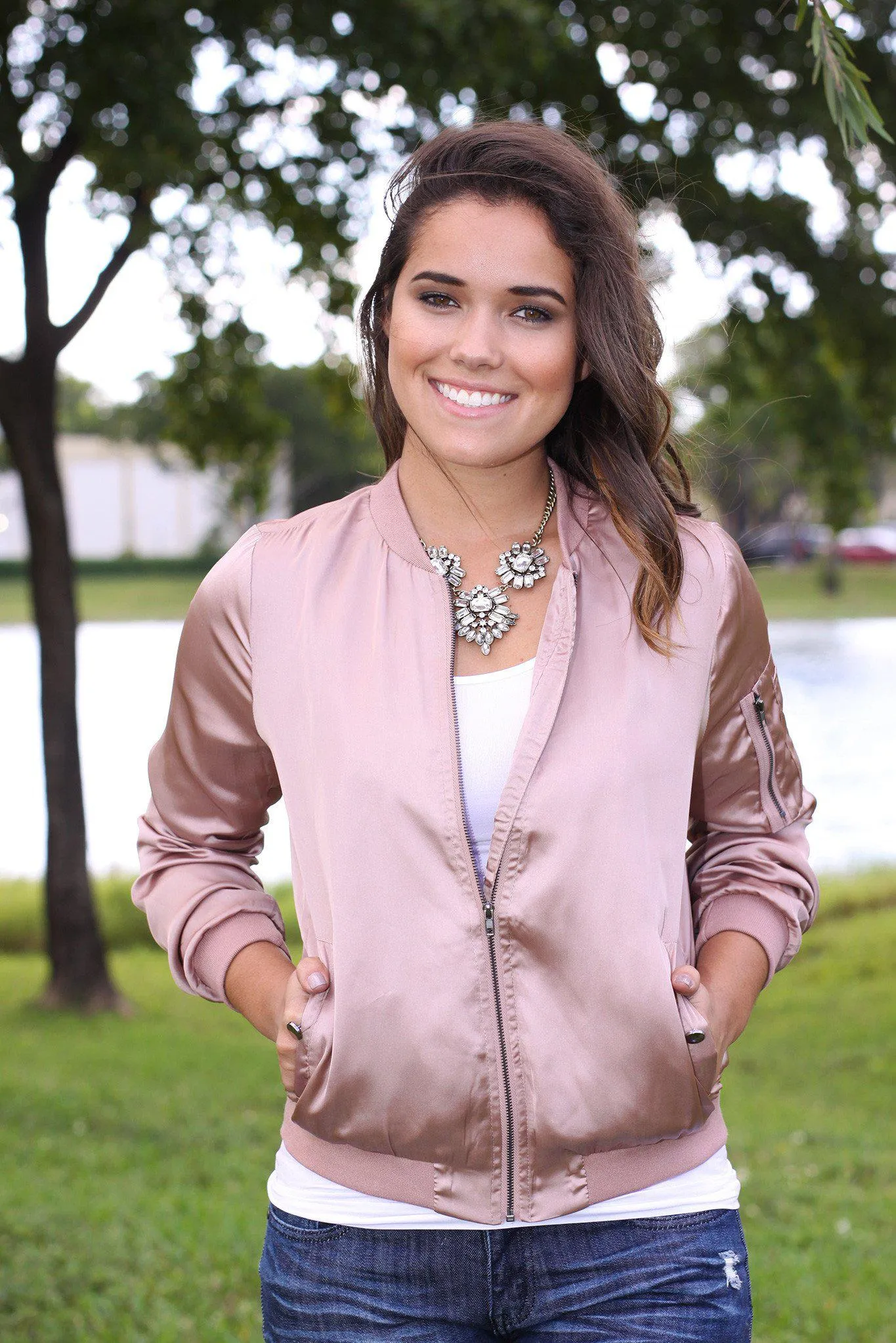 Dusty Rose Satin Bomber Jacket