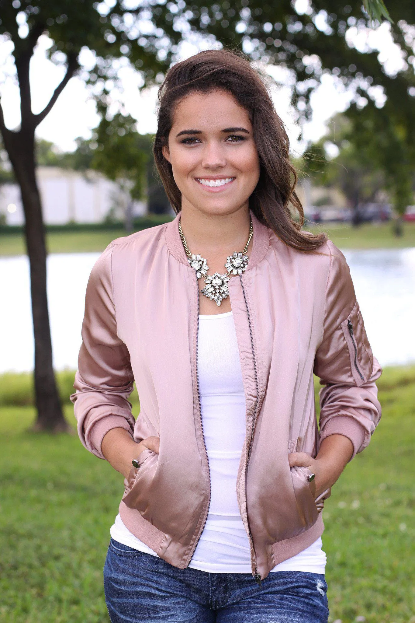 Dusty Rose Satin Bomber Jacket