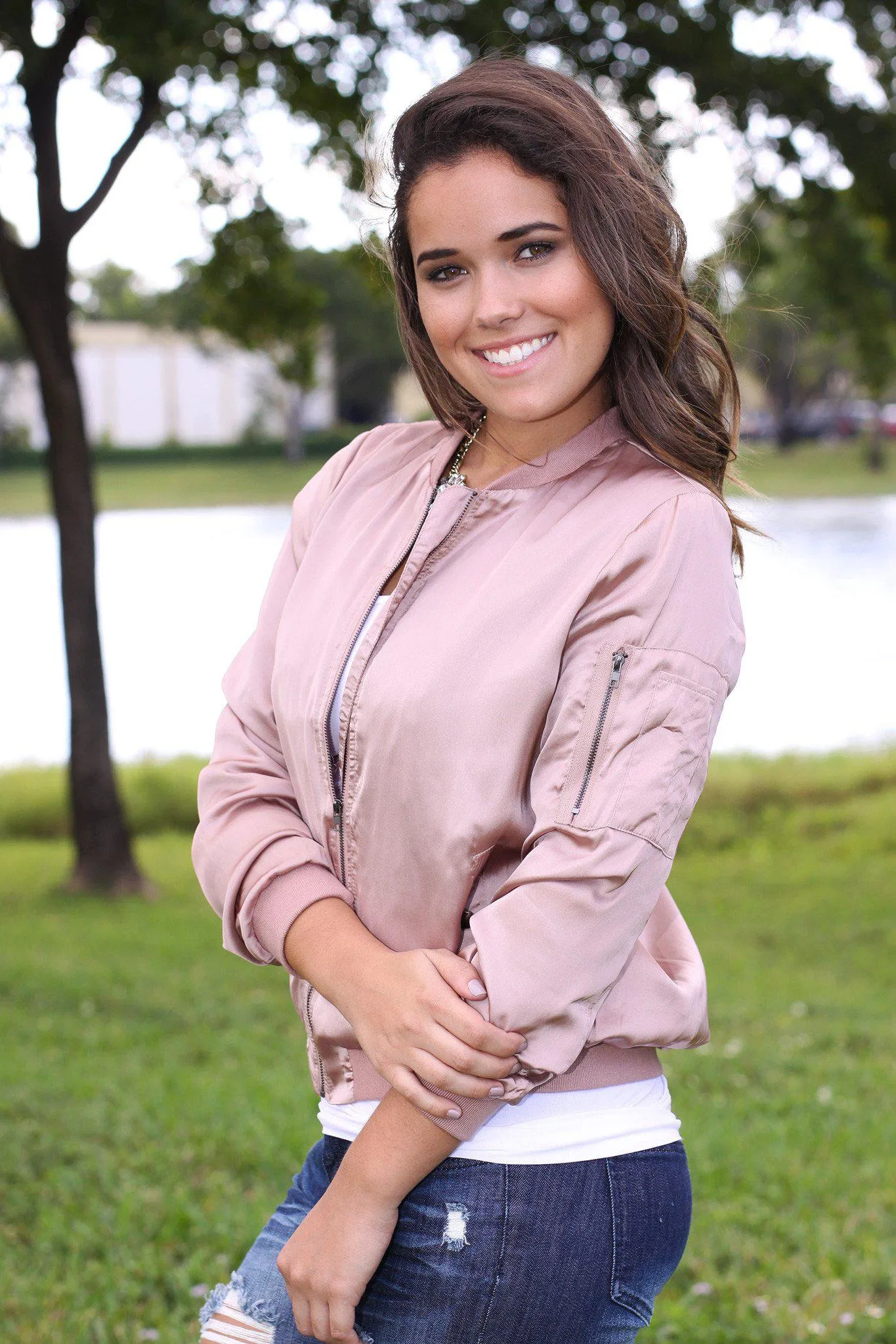 Dusty Rose Satin Bomber Jacket