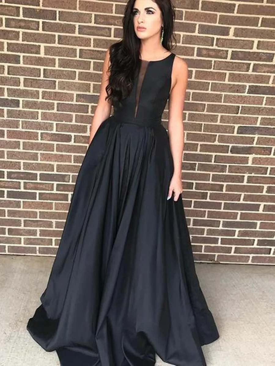 Elegant A Line Satin Black Prom, Black Formal, Black Evening