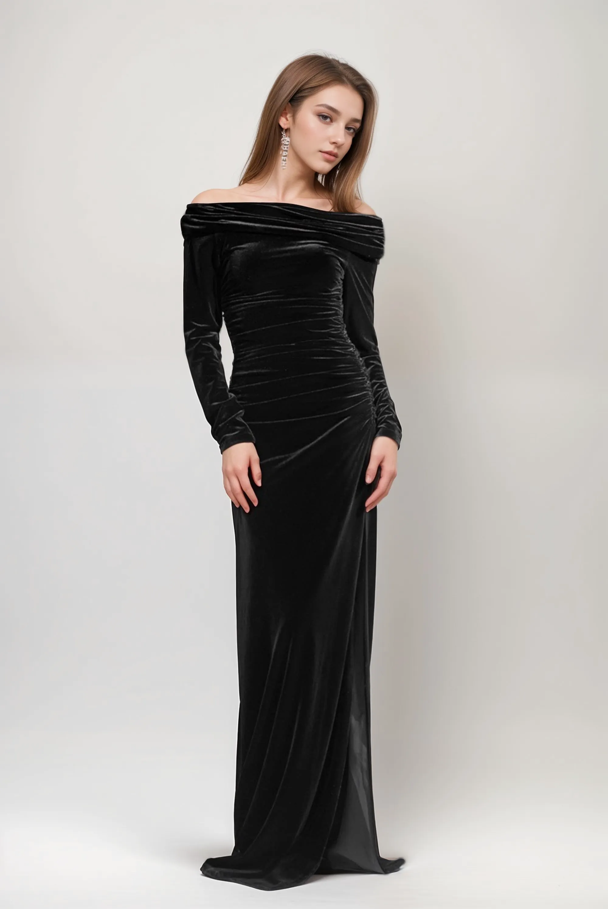 Elegant Off the Shoulder long sleeves Side Slit Sheath Velvet dress