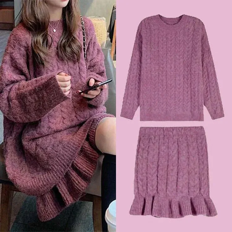 Elegantly Preppy: Pure Color Cable Knit Sweater and Flouncing Skirt Set