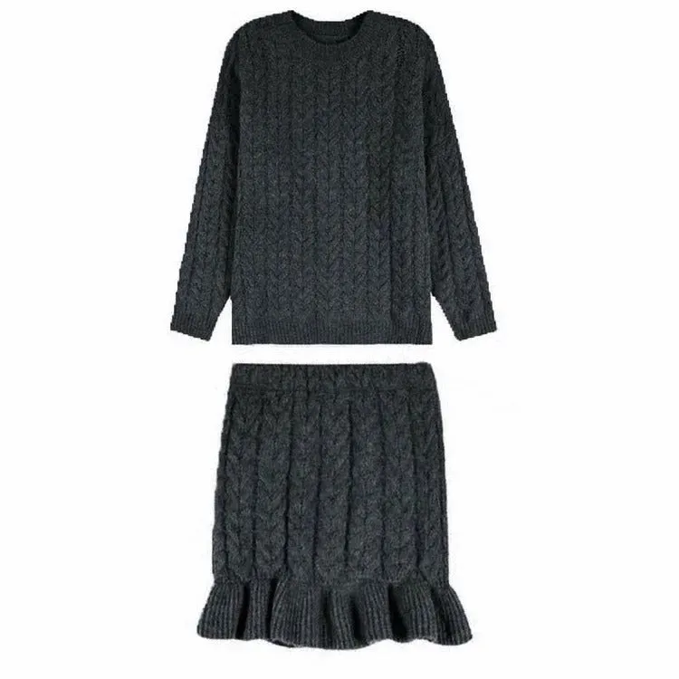 Elegantly Preppy: Pure Color Cable Knit Sweater and Flouncing Skirt Set