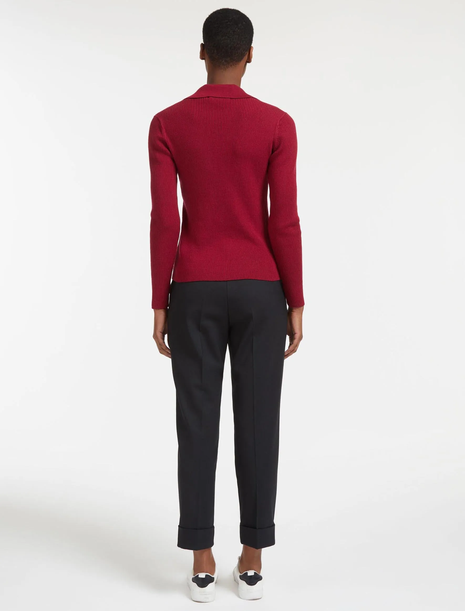 Ellen Collared V-Neck Rib Jumper - Dark Red