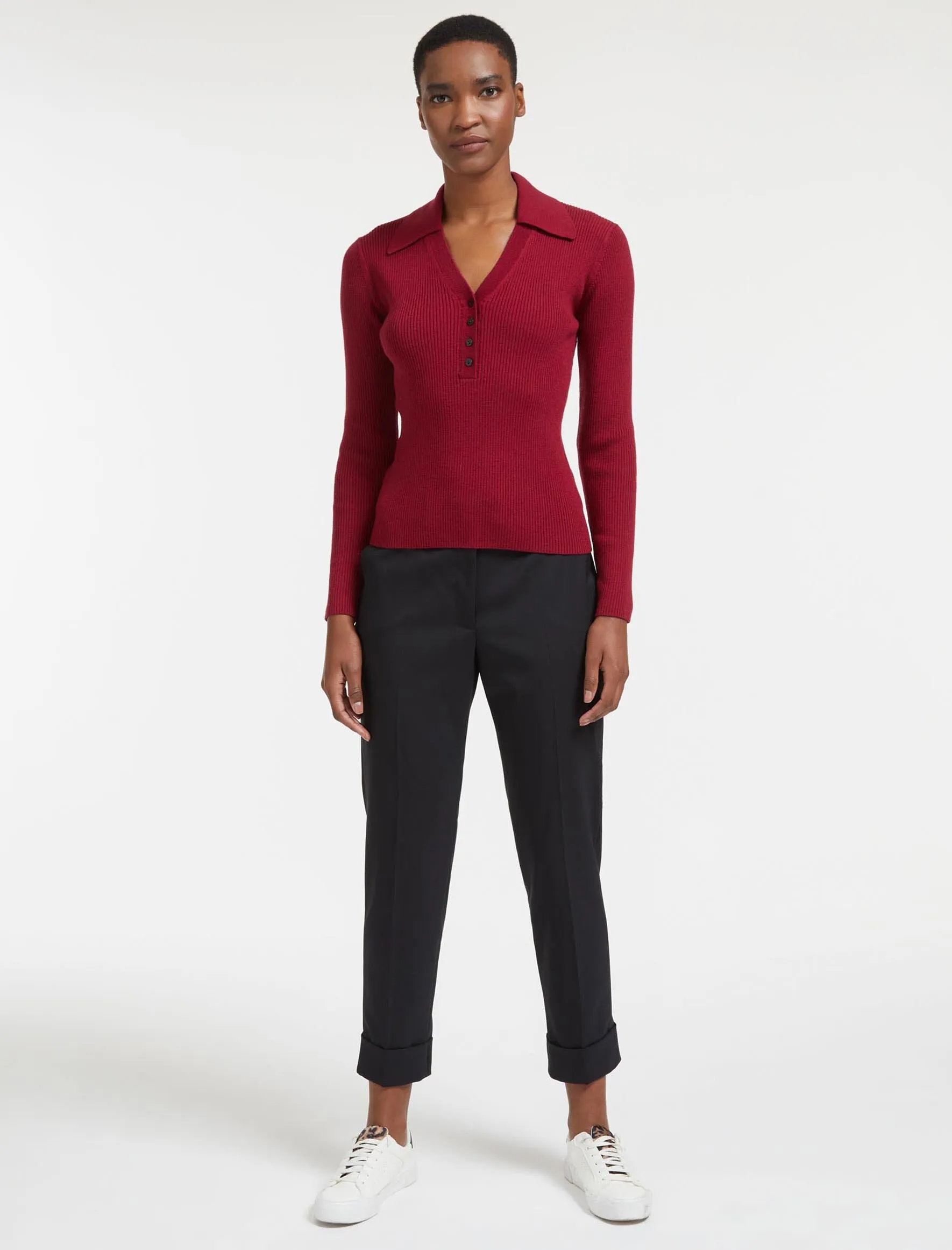 Ellen Collared V-Neck Rib Jumper - Dark Red