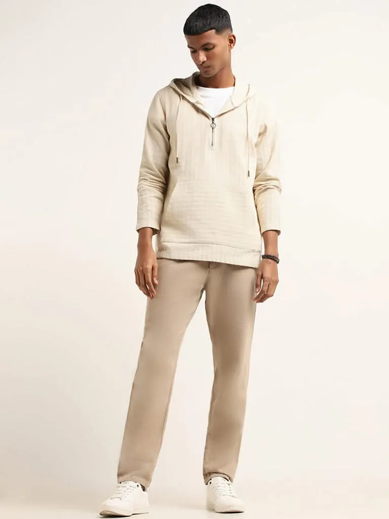 ETA Beige Self Patterned Cotton Relaxed Fit Sweatshirt