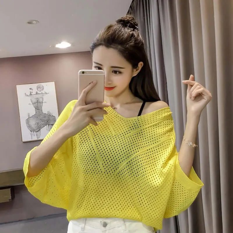 Fashion spring / summer new hollow sweater bat sleeve loose knit tops V-neck solid colors oversized cover