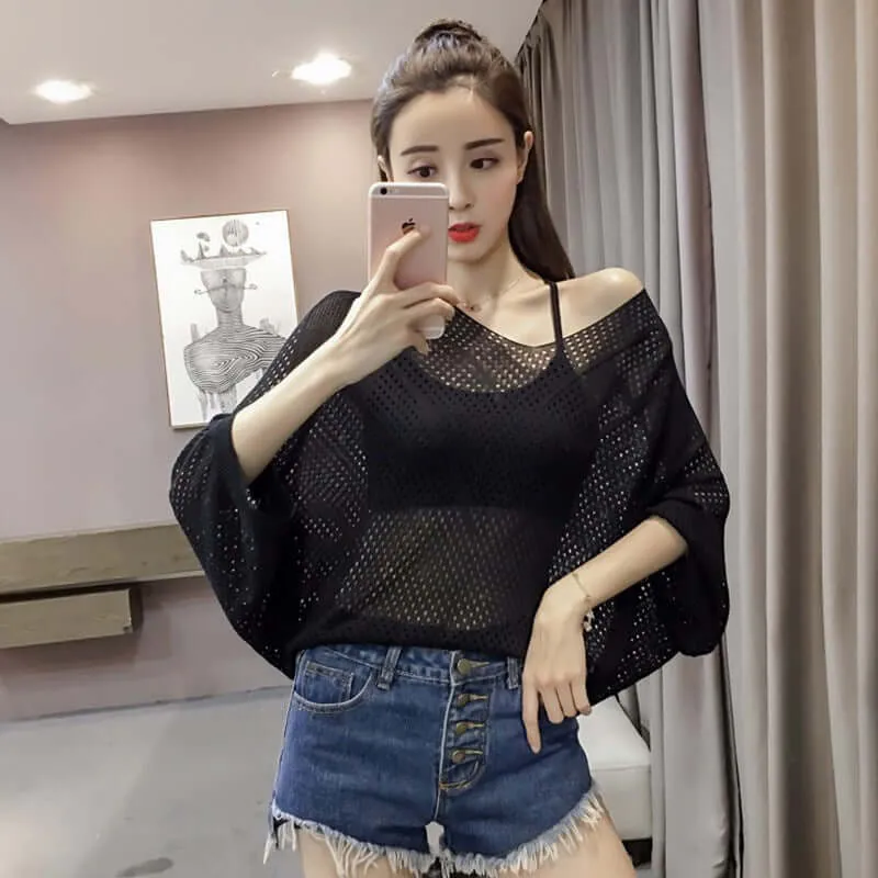 Fashion spring / summer new hollow sweater bat sleeve loose knit tops V-neck solid colors oversized cover