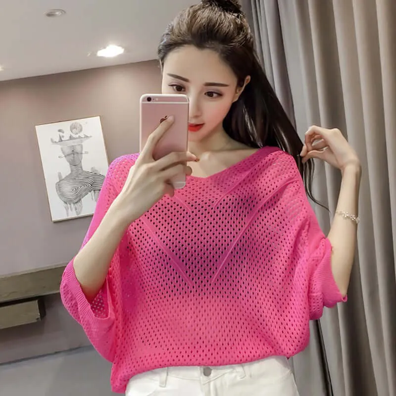 Fashion spring / summer new hollow sweater bat sleeve loose knit tops V-neck solid colors oversized cover