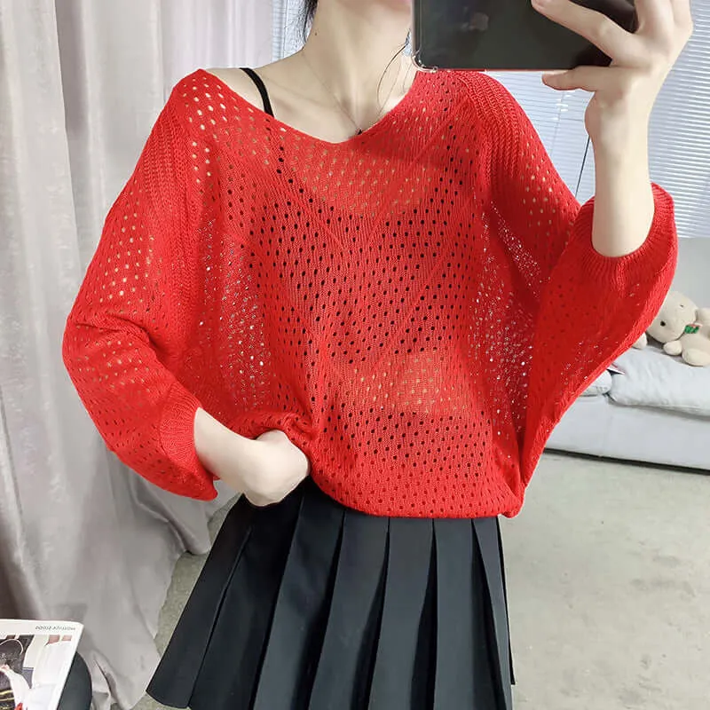 Fashion spring / summer new hollow sweater bat sleeve loose knit tops V-neck solid colors oversized cover