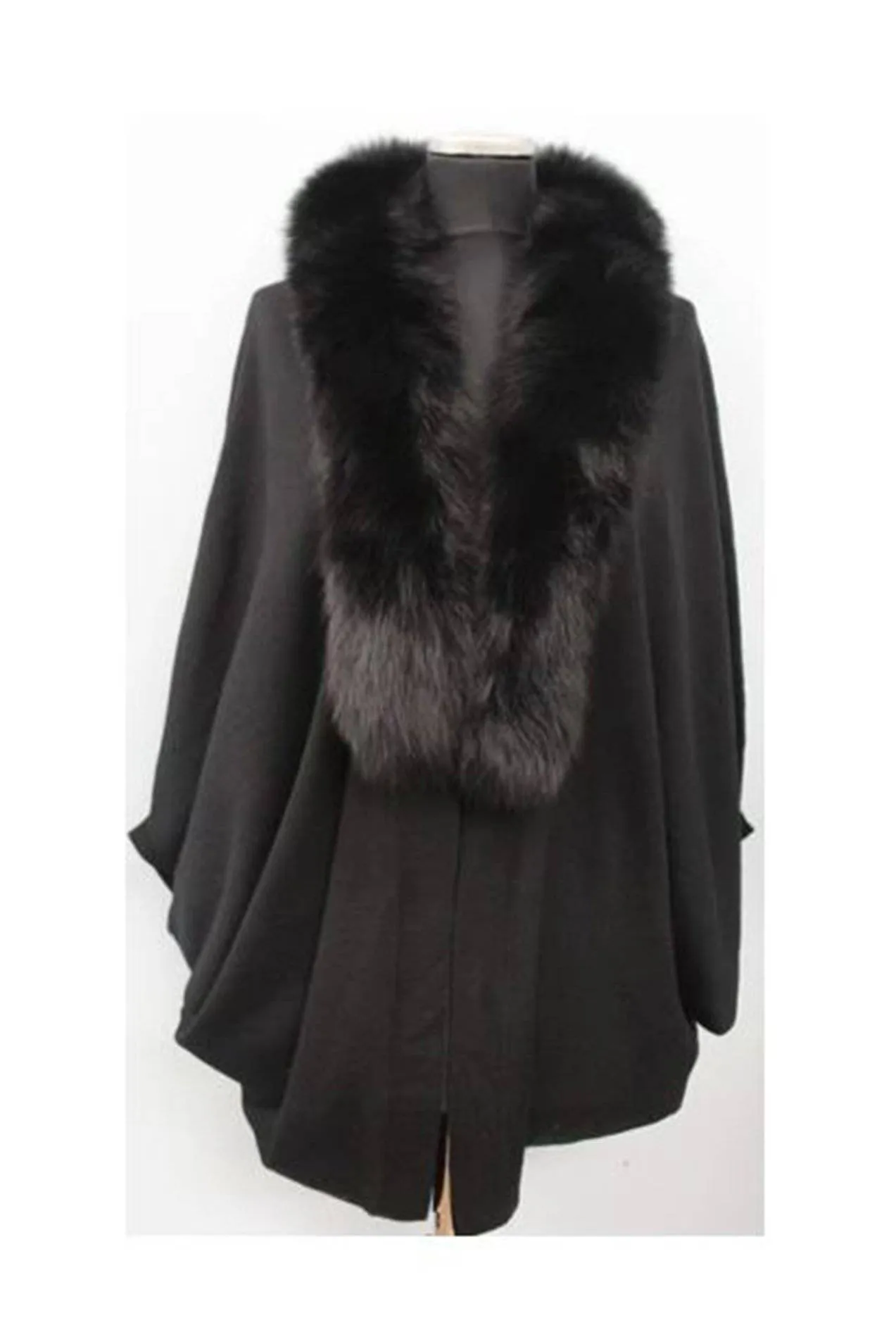 Faux Fur Collar Wool Cocoon Poncho