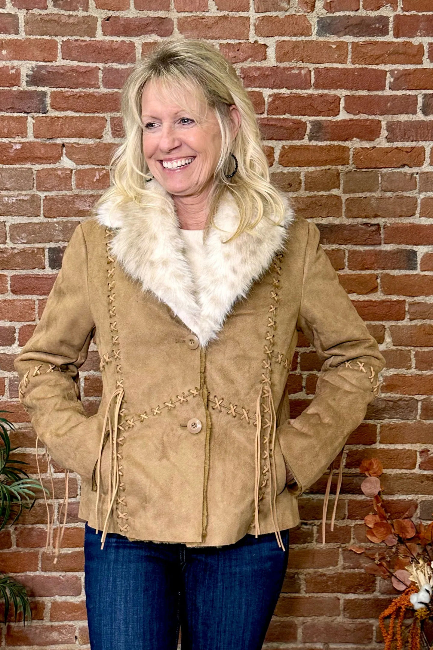 Faux Suede Light Brown Jacket with Fur Collar