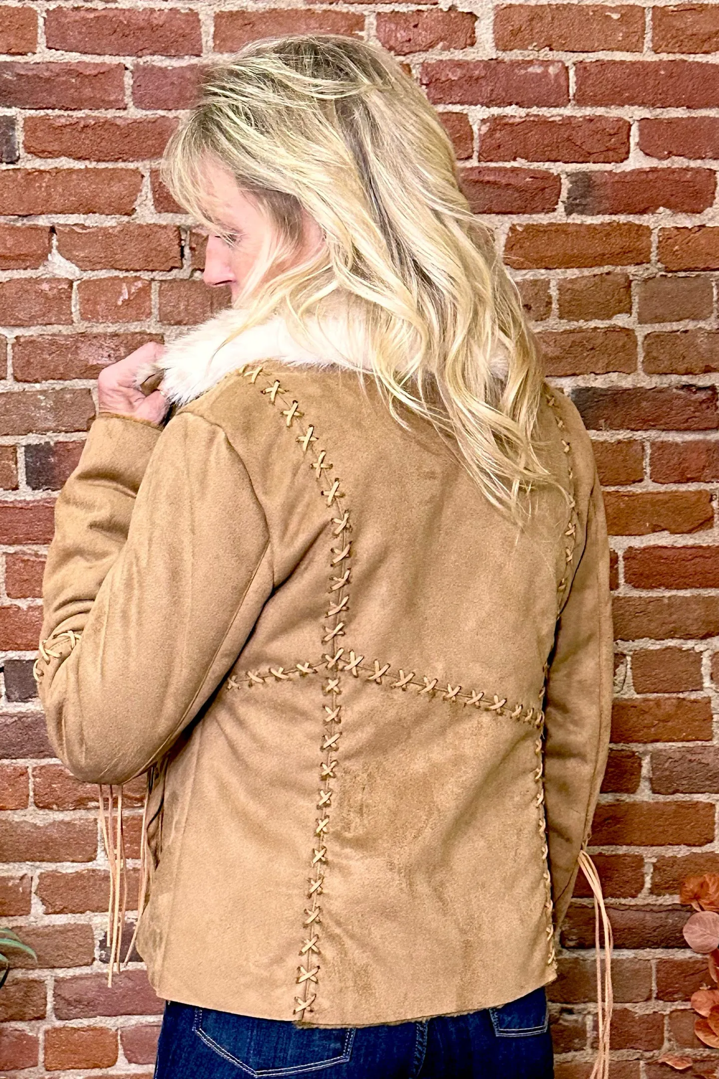 Faux Suede Light Brown Jacket with Fur Collar