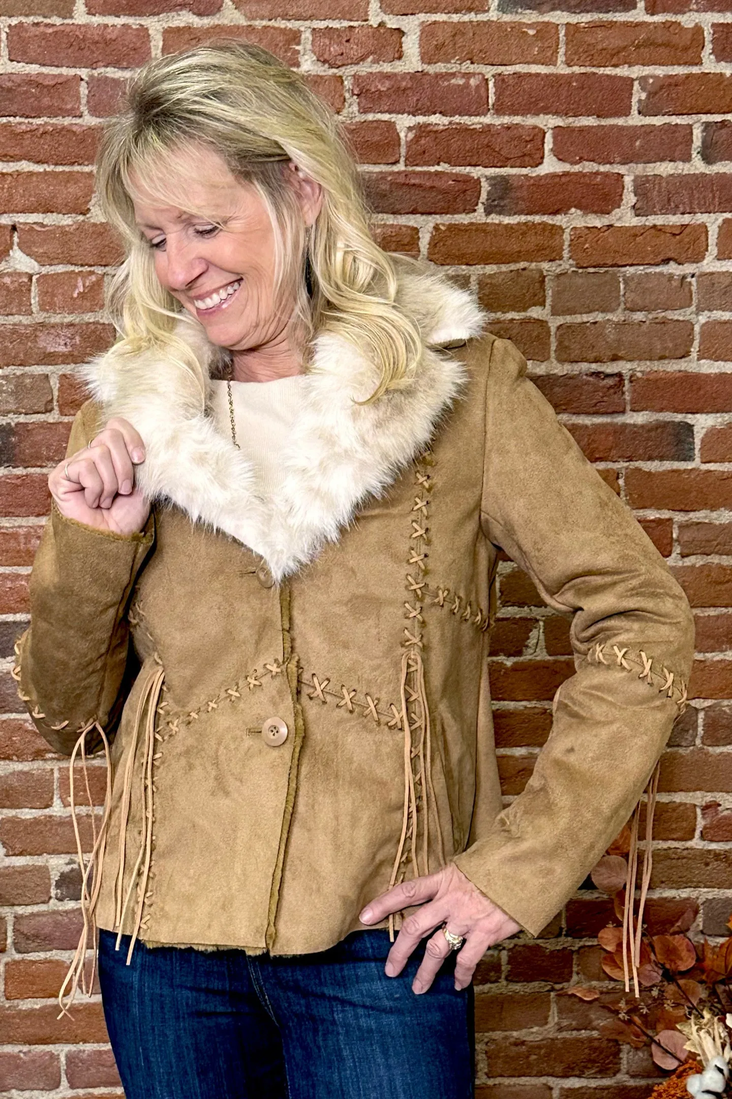 Faux Suede Light Brown Jacket with Fur Collar