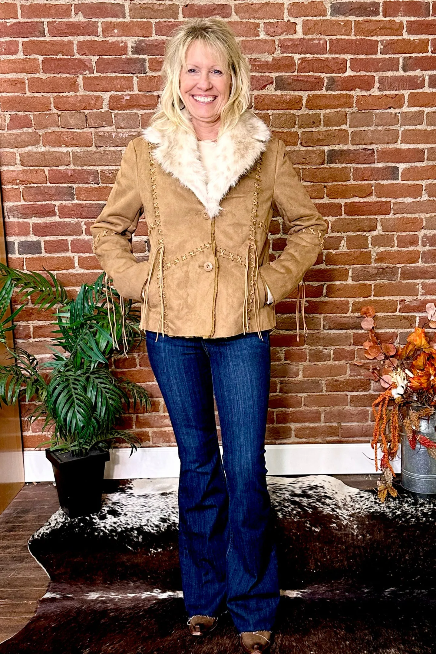 Faux Suede Light Brown Jacket with Fur Collar