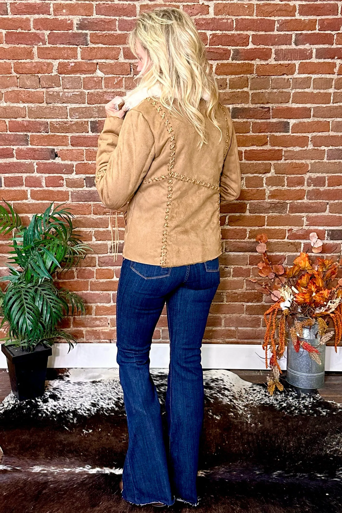 Faux Suede Light Brown Jacket with Fur Collar