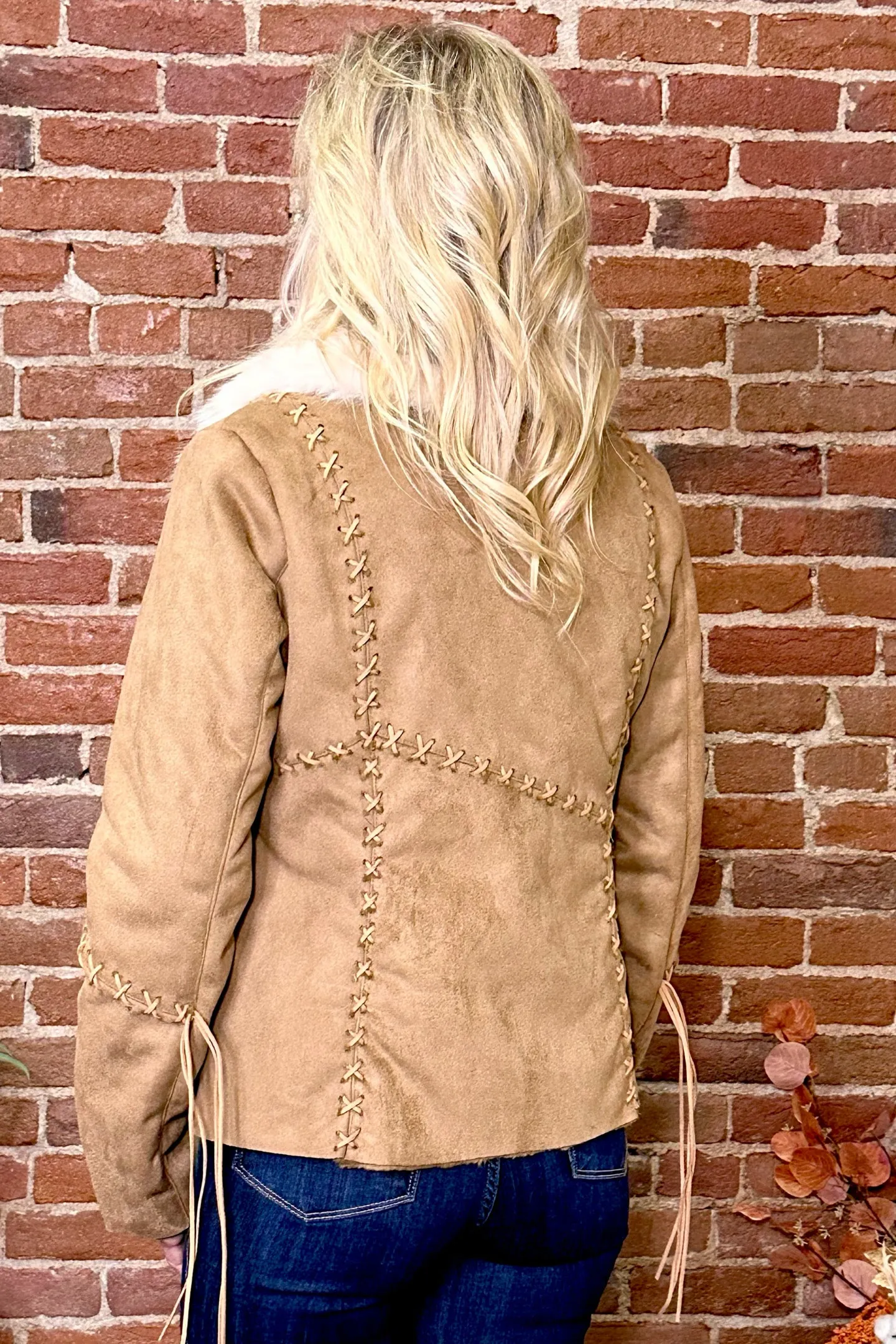 Faux Suede Light Brown Jacket with Fur Collar