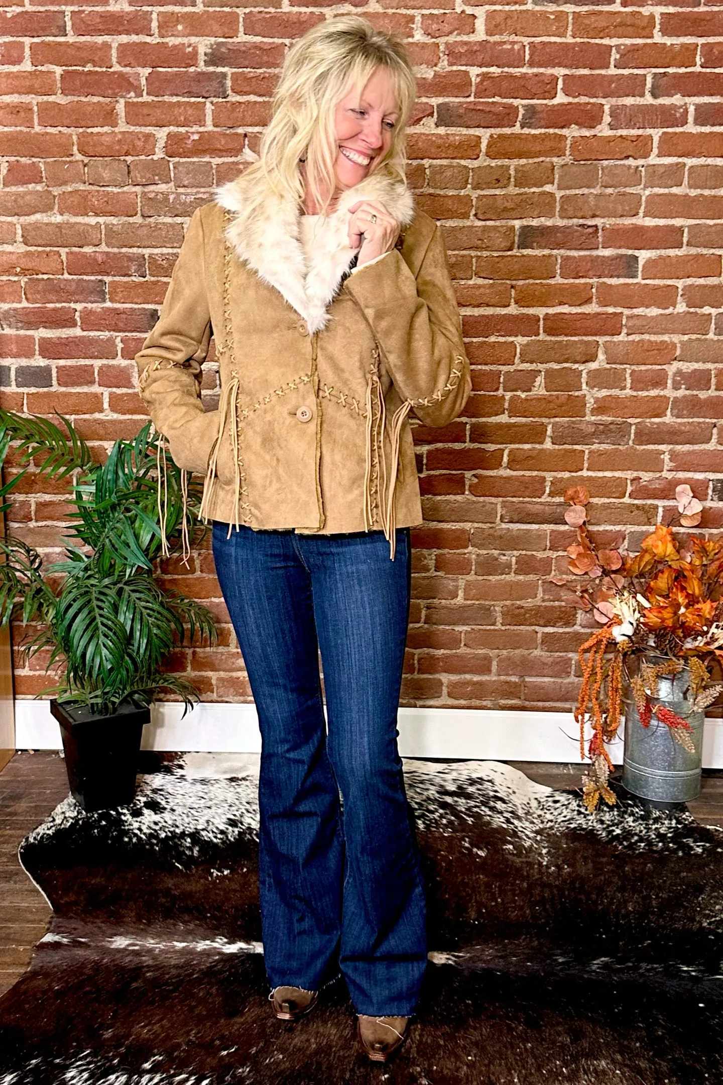 Faux Suede Light Brown Jacket with Fur Collar