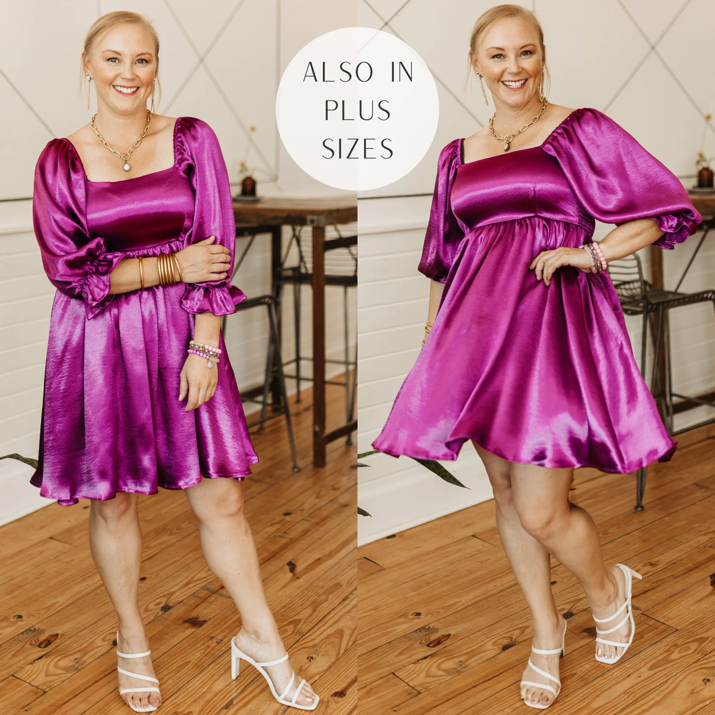 Feeling Fine Satin Babydoll Dress with 3/4 Sleeves in Magenta