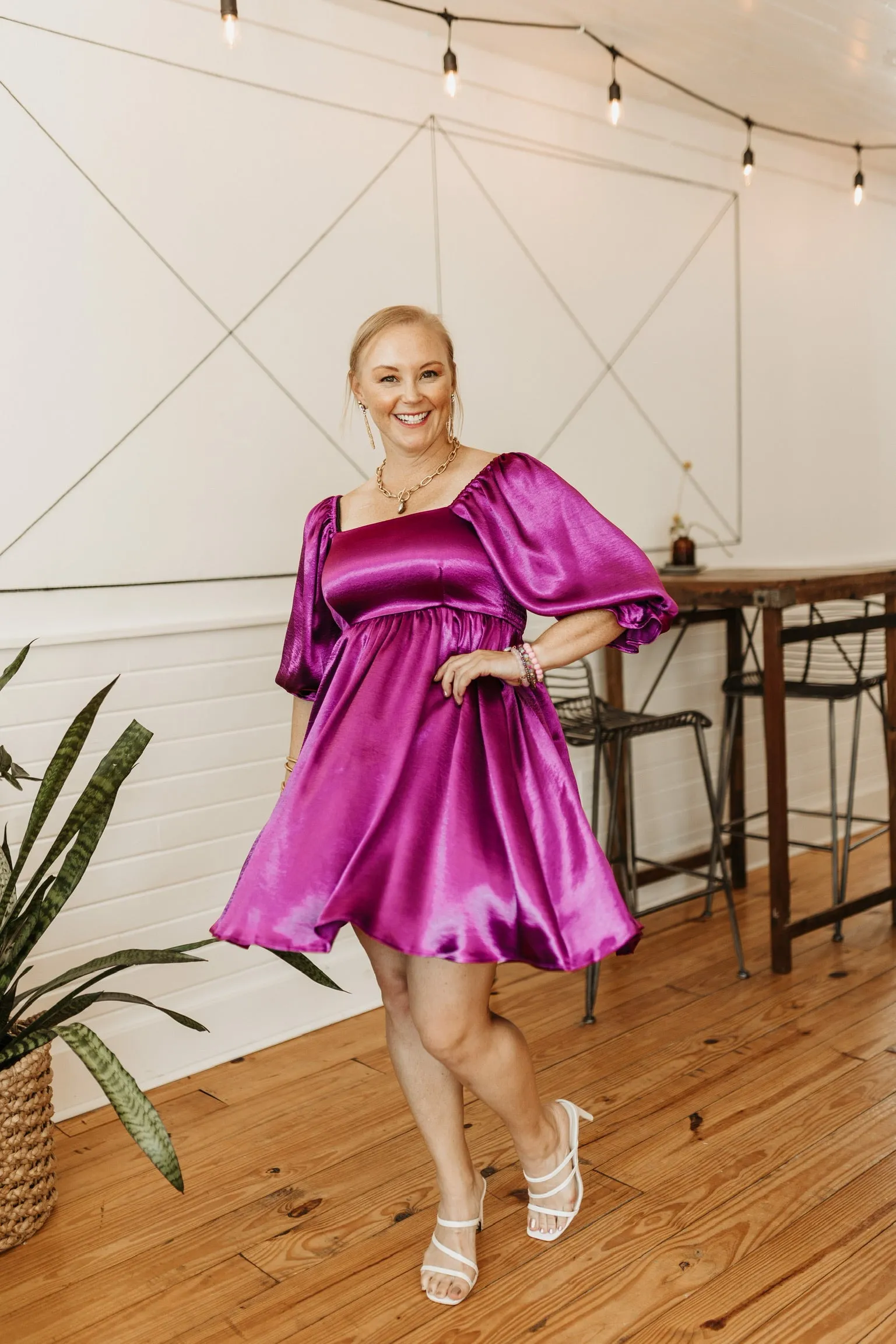 Feeling Fine Satin Babydoll Dress with 3/4 Sleeves in Magenta