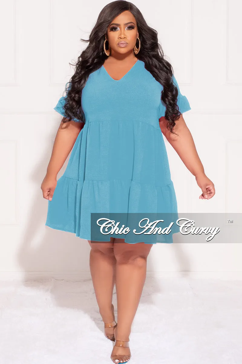 Final Sale Plus 3-Tiered Baby Doll Dress in Aqua