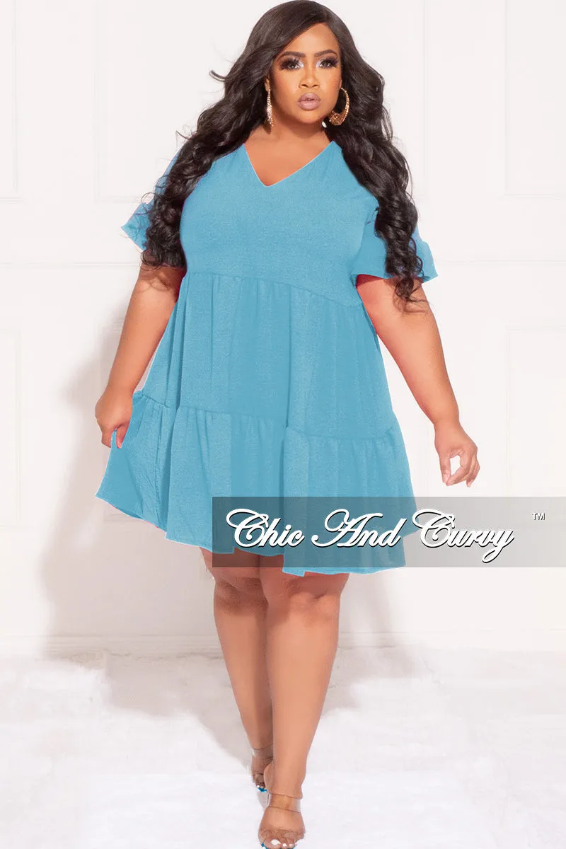 Final Sale Plus 3-Tiered Baby Doll Dress in Aqua