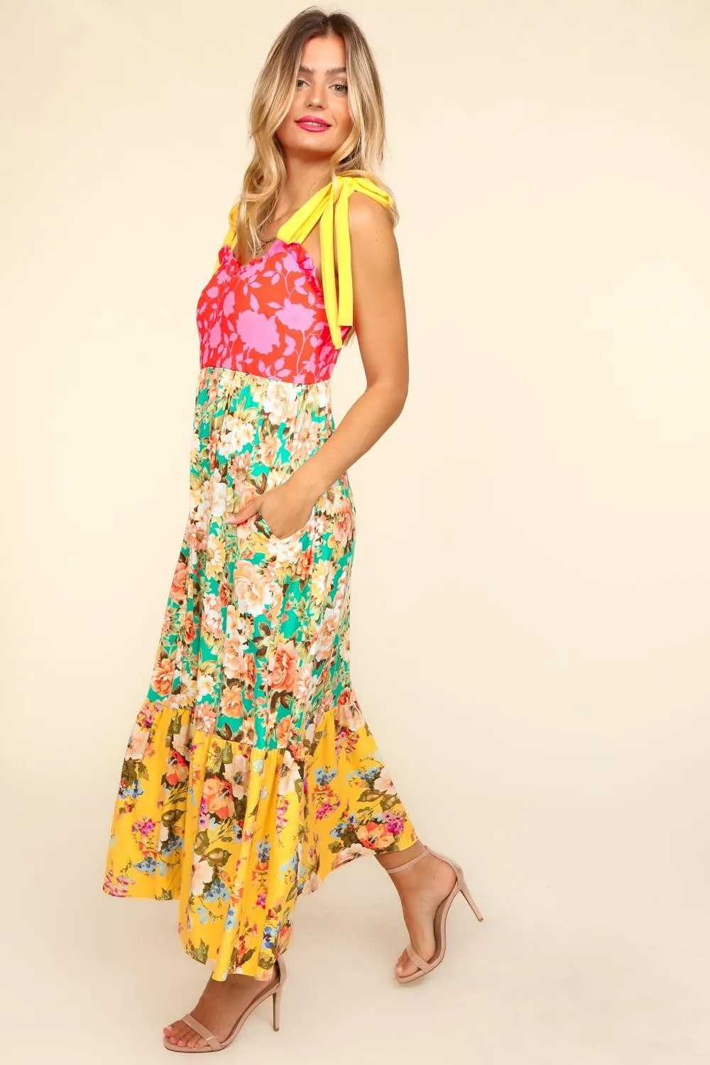 Floral Color Block Maxi Dress with Pockets