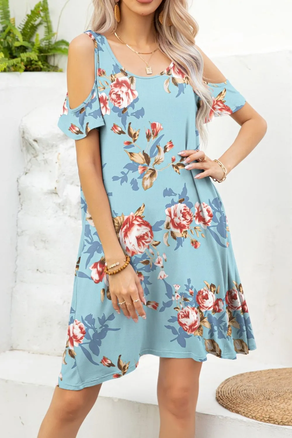 Floral Round Neck Cold-Shoulder Dress