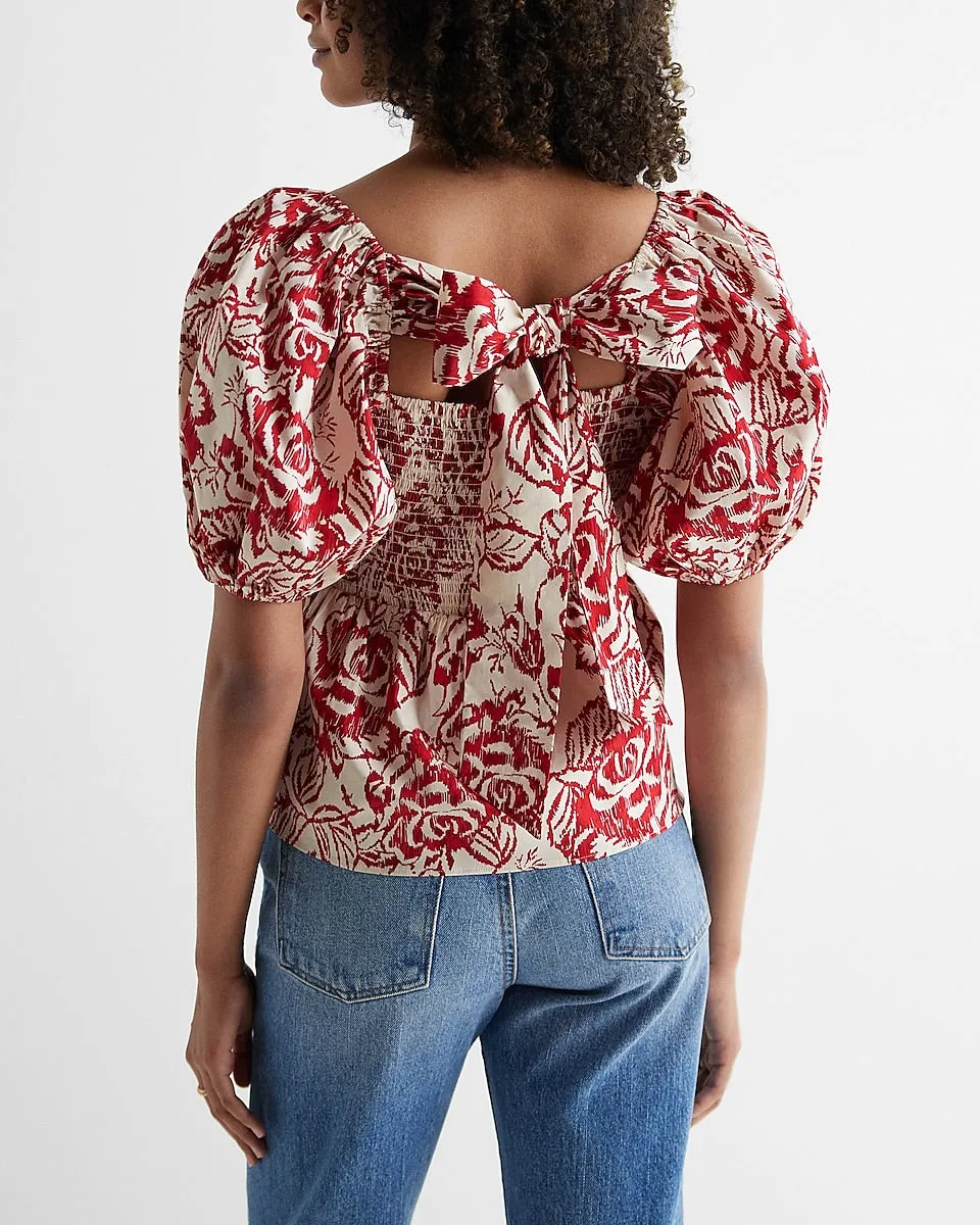 Floral Sweetheart Neckline Tie Back Babydoll Top in Red Print