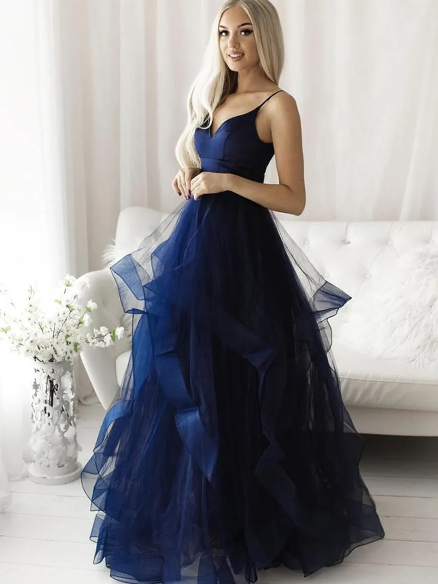 Fluffy V Neck Blue Tulle Long Prom Dresses, Blue Formal Evening Dresses, Ball