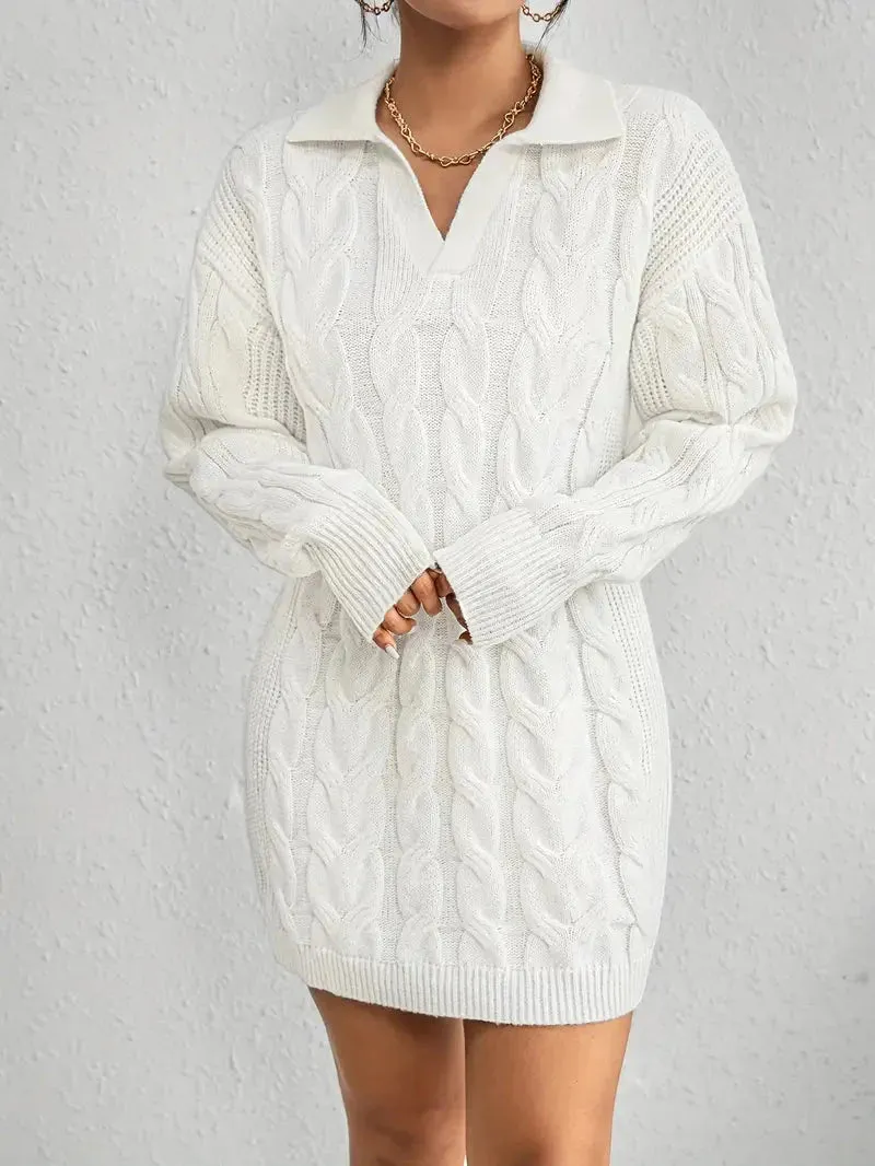 Flytonn- Collar Neck Cable Knit Sweater Dress