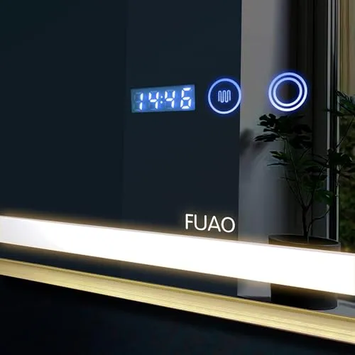 Fuao Premium HD Smart Mirror for Walls with Anti-Fog Function, Time-Temperature Display and Adjustable Brightness 3-Tone LED Lighting| 100% Silver Coating, Anodized Aluminium Frame Black-45 * 60CM