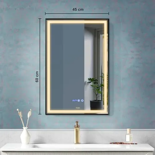 Fuao Premium HD Smart Mirror for Walls with Anti-Fog Function, Time-Temperature Display and Adjustable Brightness 3-Tone LED Lighting| 100% Silver Coating, Anodized Aluminium Frame Black-45 * 60CM