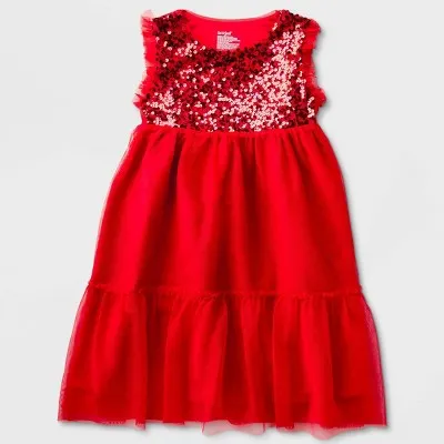 Girls' Adaptive Sleeveless Sequin Tulle Dress - Cat & Jack Red XL