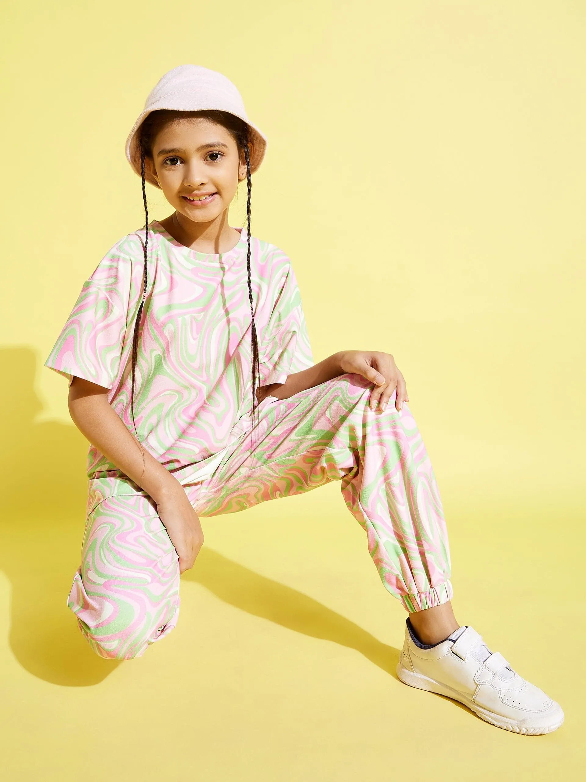 Girls Pink & Green Abstract Waves Print Knit Joggers - Lyush Kids