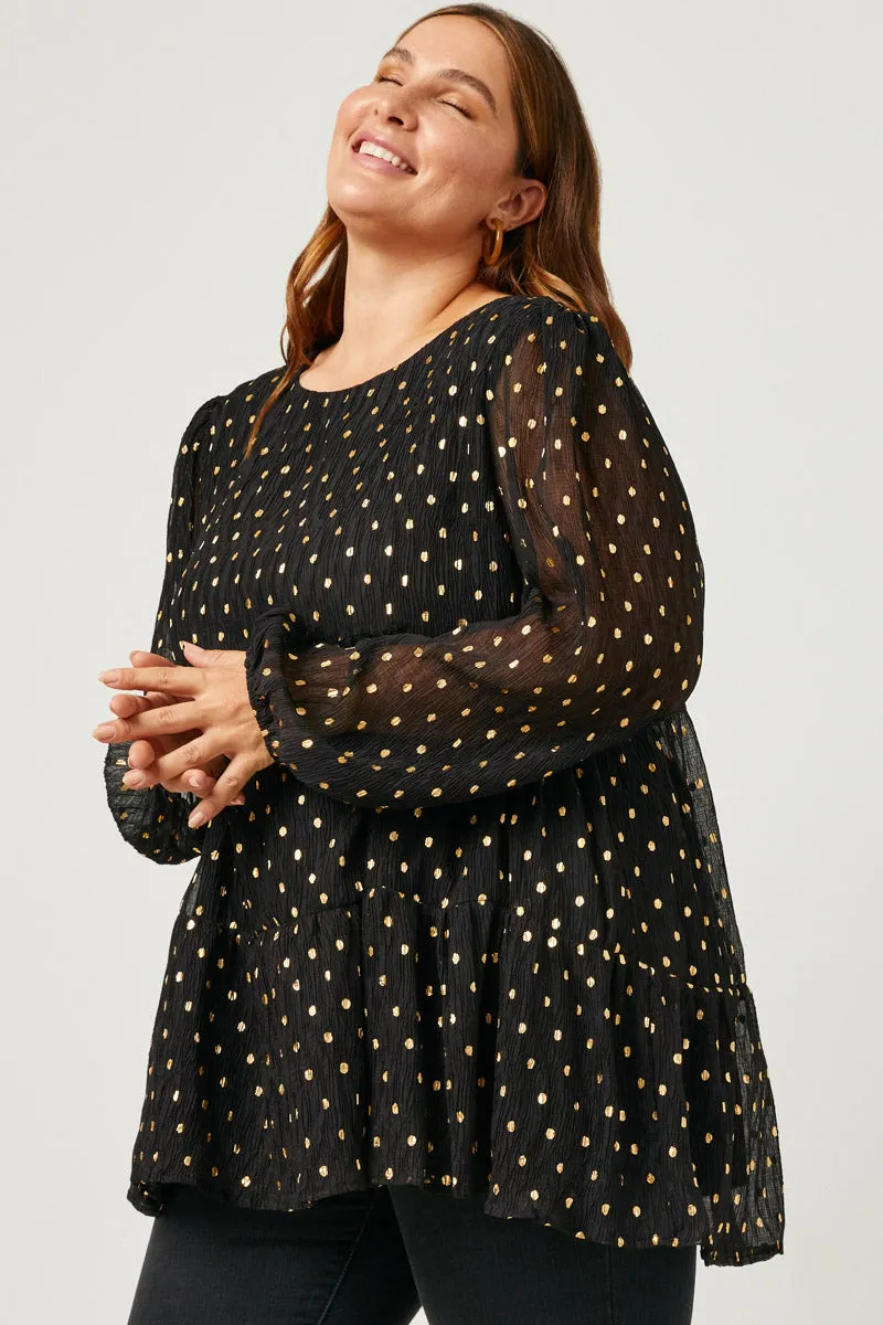 Goldie Black Babydoll Metallic Dot Tiered Tunic Top Plus 1XL-3XL