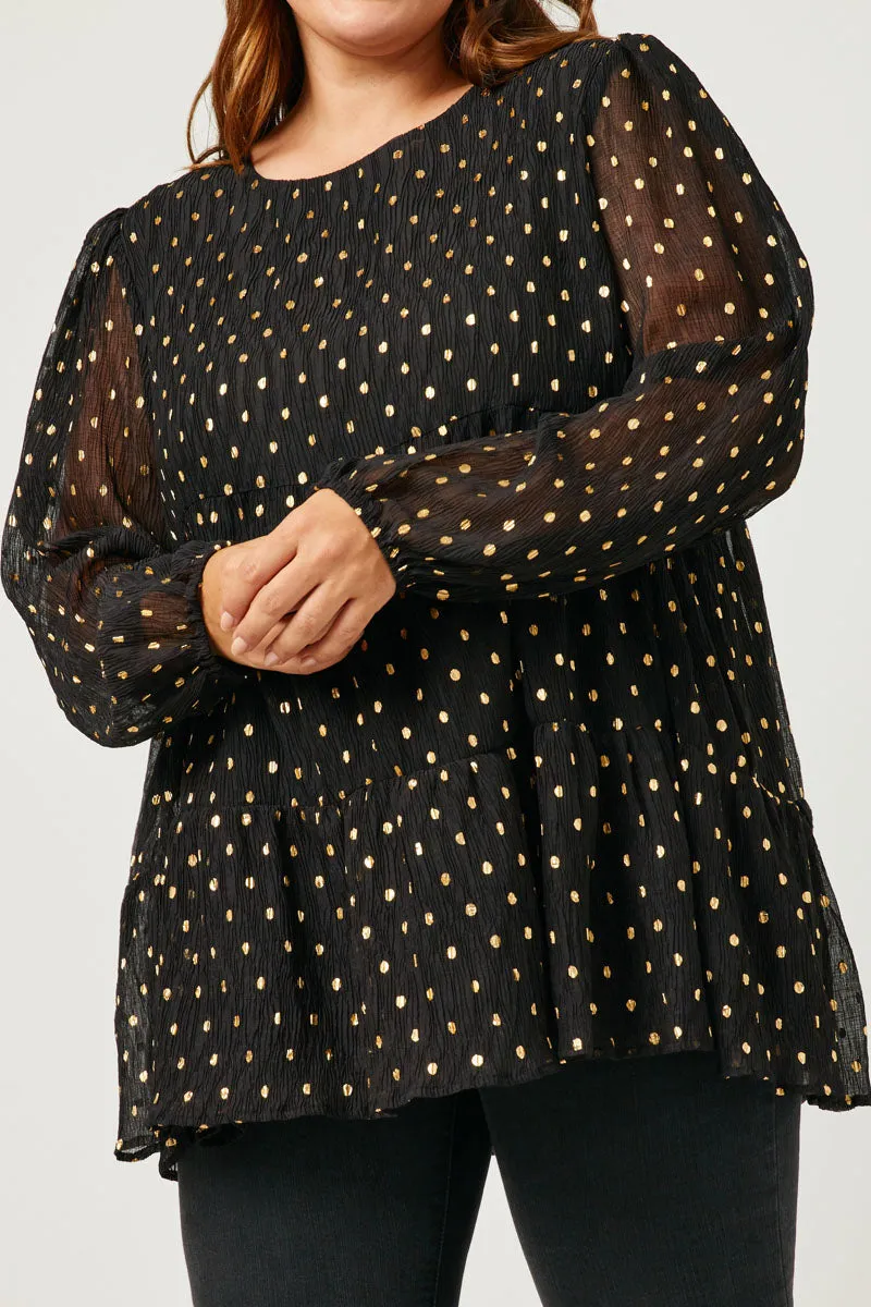 Goldie Black Babydoll Metallic Dot Tiered Tunic Top Plus 1XL-3XL