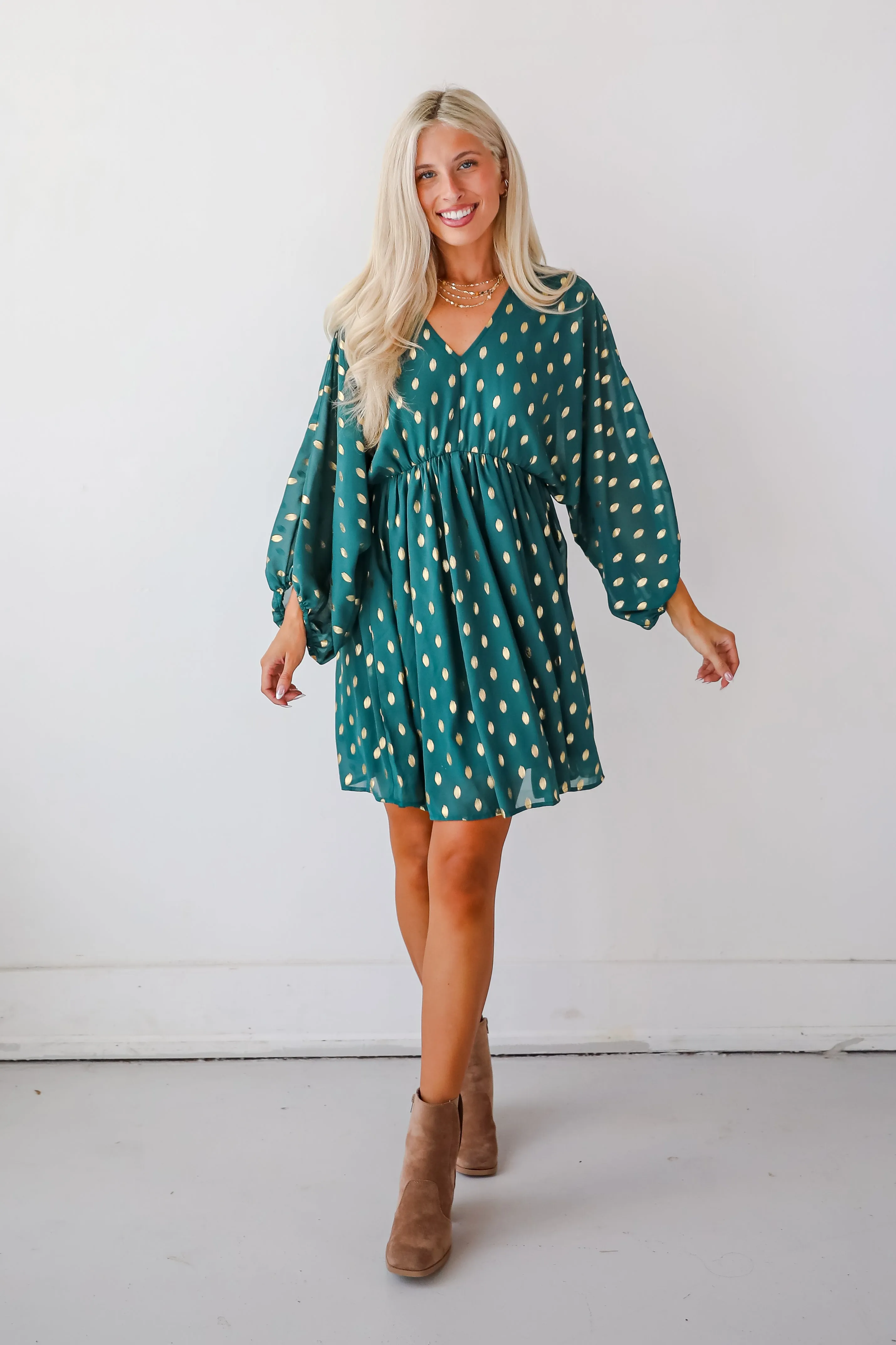 Gorgeous Favorite Hunter Green Dotted Babydoll Mini Dress