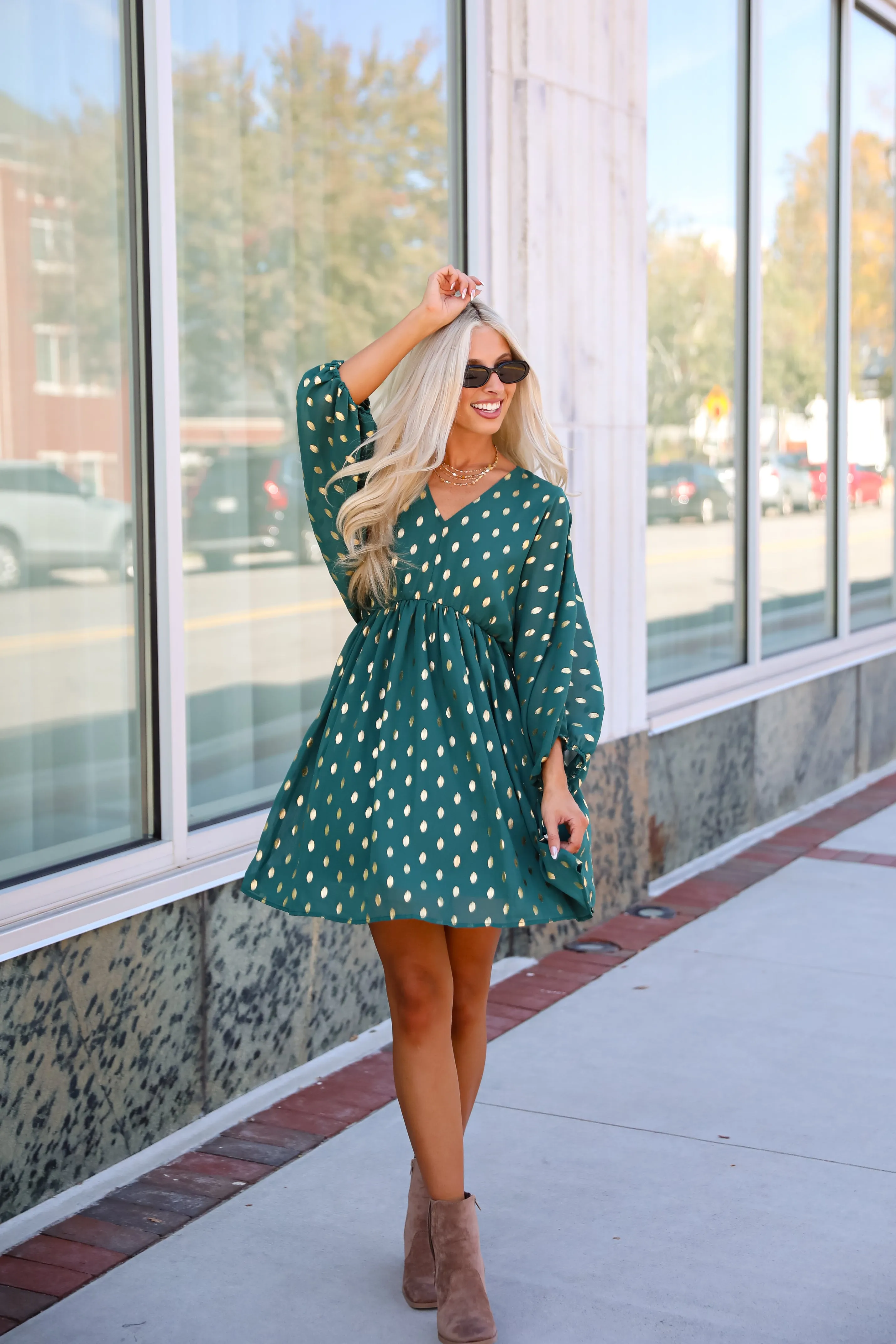 Gorgeous Favorite Hunter Green Dotted Babydoll Mini Dress