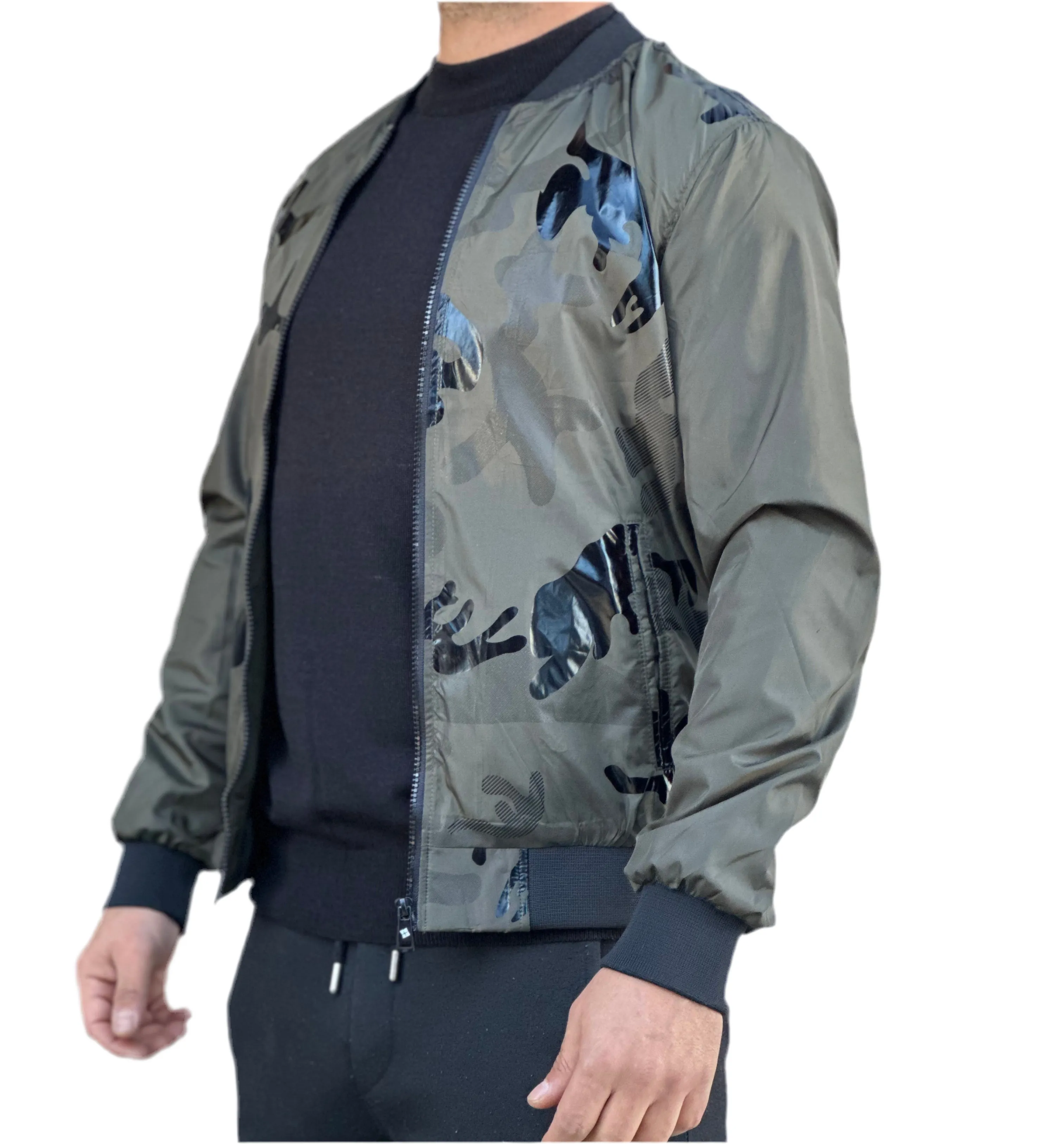 Green Camo Print Bomber Jacket